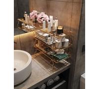 Étagère Murale élégante en métal, 15 x 19 x 42 cm, Or et Marron, Construction 100% métal, capacité de 2 kg, Finition Unique en Bois véritable, Parfaite pour la décoration intérieure