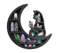 Étagère murale en bois Chat sur la lune pour cristaux, 35,6 cm, noir, avec croissant de lune, étagère pour cristal, huile essentielle, art de petite plante, sorcière gothique, décoration d'intérieur