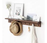 Étagère murale en bois de chêne avec crochets en métal, porte-serviettes avec crochet pour manteau fixé au mur avec cintre pour chapeau, idéal pour salle de bains, spa, couloir, vestiaire, chambre à c