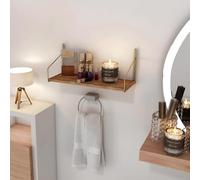 Étagère Murale en Bois Massif avec Supports en métal, 45 x 16 x 16 cm, capacité de 3 kg, Finition Unique dorée et Marron, Parfaite pour Une décoration d'intérieur élégante