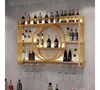 Étagère murale en métal avec lumière LED - Étagère à vin en fer avec support pour verre à vin - Étagères murales pour bouteilles d'alcool pour cuisine et salon (doré 140 pouces/1