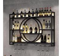 Étagère murale en métal avec lumière LED - Étagère à vin en fer avec support pour verre à vin - Étagères murales pour bouteilles de liqueur pour cuisine et salon - Noir - 140 cm