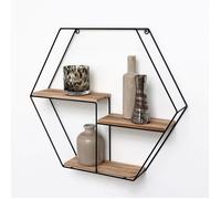 Etagère murale en métal noir - 3 planches en bois - Hexagonal - 48x55x10 cm