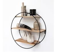 Etagère murale en métal noir - 3 planches en bois - Ronde - 50x19 cm
