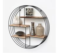 Etagère murale en métal noir - 4 planches en bois - Ronde - 50x11 cm
