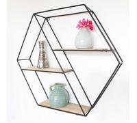 Etagère murale en métal noir avec 3 tablettes en bois - Hexagonale diagonale
