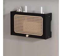 Étagère murale en rotin WiFi et armoire de rangement, organiseur élégant pour la maison/le bureau, noir, 40 x 11 x 23 cm, gestion des câbles et économie d'espace