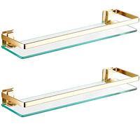 Étagère murale en verre doré pour salle de bain - Étagères flottantes rectangulaires de 8 mm d'épaisseur en métal transparent double étagères pour décoration murale de la maison, solution de rangement