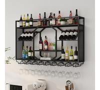 Étagère murale industrielle en fer forgé noir pour bouteille de vin et étagère en verre pour la maison, la cuisine, la salle à manger, la décoration de l'espace (100 x 80 x 25 cm)