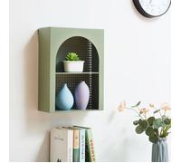 [en.casa] Étagère Murale avec 2 Compartiments de Rangement Paroi Arrière Décoratif en Effet Rotin Meuble de Stockage pour Salon Cuisine Salle de Bain Métal 40 x 30 x 13 cm Vert