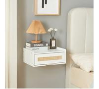 [en.casa] Étagère Murale Design Intemporel avec Tiroir Intégré Table de Chevet Suspendue Capacité de Charge 10 kg Panneau de Particules Plastique 40 x 30 x 17 cm Blanc Aspect Rotin