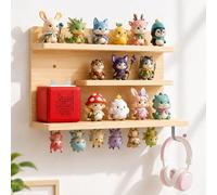 Étagère murale magnétique à 3 niveaux en bois massif pour boîtes aveugles, figurines et figurines à collectionner, chambre à coucher et bureau avec crochets latéraux et passe-câble, rangement peu