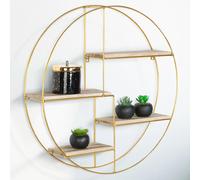 IDMarket - Etagère Murale Ronde Lily 4 Niveaux Bois et métal doré Design Industriel