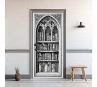 Étagère Noir Blanc Effet 3D Sticker Porte, Bibliothèque Vintage Papier Autocollant Porte Mural Décoration, Étagère Gothique Stickers Muraux Amovible PVC 95x215 cm