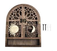 Étagère rustique en bois massif avec motif soleil et lune et porte à action lisse pour l'organisation des plantes, décoration de salle d'étude mystique