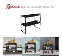 Etagère sous évier extensible - 2 niveaux - Noir 36-60 x 21 x 36,5 cm - HUOLE