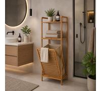 Étagère sur pied en bambou étagère de salle de bain avec panier à linge étagè...