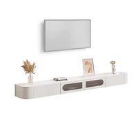 Étagère TV flottante du milieu du siècle - Armoire murale en bois massif avec portes et tiroirs en verre, grande console de divertissement pour rangement de médias sous la télévision (blanc, 300 cm)