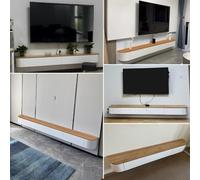 Étagère TV flottante moderne en bois blanc avec tiroirs, unité de gestion des câbles de 260 cm, centre de divertissement pour salon et home cinéma.