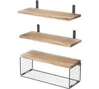 Étagères flottantes avec panier de rangement en fil de fer - Étagères murales en bois de paulownia pour l'organisation et la décoration de la maison dans la salle de bain, la cuisine, le salon, le