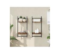 vidaXL Étagères murales à 2 niveaux avec barres 2 pcs chêne fumé 836255 Noir G