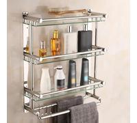 Étagères murales en verre, organiseur de rangement en verre trempé à plusieurs niveaux en acier inoxydable avec crochet et barre porte-serviette, 3 couches