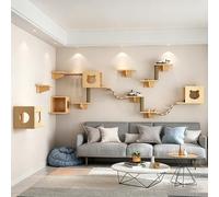 Étagères Murales pour Chat, Ensemble de Meubles Muraux en Bois avec Maison pour Chat, Plateformes d’Escalade, Escaliers, Pont Suspendu et Poteaux en Sisal, Arbre à Chat Mural Gain de Place