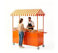 Étal de Marché Portable avec Toit Rayé, Stand de Présentation Alimentaire avec Roulettes Verrouillables, Baraque de Marché en Fer avec Boîte de Rangement pour Street Food(Orange,55in/140cm)