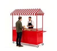 Étal de Marché Portable avec Toit Rayé, Stand de Présentation Alimentaire avec Roulettes Verrouillables, Baraque de Marché en Fer avec Boîte de Rangement pour Street Food(Red,55in/140cm)