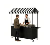 Étal de Marché Portable avec Toit Rayé, Stand de Présentation Alimentaire avec Roulettes Verrouillables, Baraque de Marché en Fer avec Boîte de Rangement pour Street Food(Black,47in/120cm)