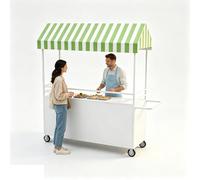 Étal de Marché Portable avec Toit Rayé, Stand de Présentation Alimentaire avec Roulettes Verrouillables, Baraque de Marché en Fer avec Boîte de Rangement pour Street Food(White,55in/140cm)
