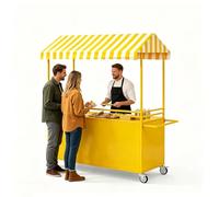 Étal de Marché Portable avec Toit Rayé, Stand de Présentation Alimentaire avec Roulettes Verrouillables, Baraque de Marché en Fer avec Boîte de Rangement pour Street Food(Yellow,55in/140cm)