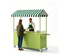 Étal de Marché Portable avec Toit Rayé, Stand de Présentation Alimentaire avec Roulettes Verrouillables, Baraque de Marché en Fer avec Boîte de Rangement pour Street Food(Green,47in/120cm)