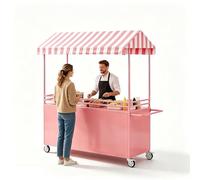 Étal de Marché Portable avec Toit Rayé, Stand de Présentation Alimentaire avec Roulettes Verrouillables, Baraque de Marché en Fer avec Boîte de Rangement pour Street Food(Pink,47in/120cm)