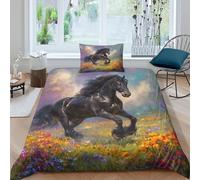 Étalon Noir Housse De Couette +Taies D'oreillers Parure De Lit 3D Imprimé Microfibre avec Fermeture Éclair Meadow with Fleurs Literie pour Filles Garçon Single(135x200cm)