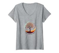 État d'esprit d'automne Arbre Paysage Art T-Shirt avec Col en V, Femme, Gris Chiné, L