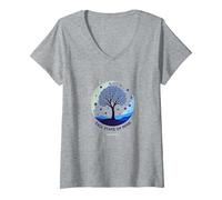 État d'esprit d'automne Arbre Paysage Art T-Shirt avec Col en V, Femme, Gris Chiné, L