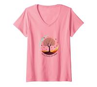 État d'esprit d'automne Arbre Paysage Art T-Shirt avec Col en V, Femme, Rose, XXL