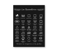 ETBGYKOU Français blanchisserie Symbole Signe Imprime Noir et Blanc Affiche Mur Art Photo Toile Peinture buanderie décor 50x70cm Pas de Cadre