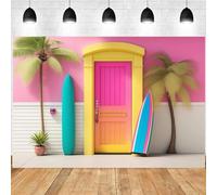 Été Bord de mer Rose Maison Planche de Surf Surf Vacances fête d'anniversaire Photo arrière-Plan Photographie décors bannière Studio 210cmx150cm