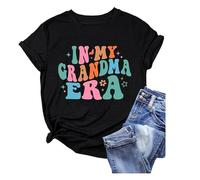 Été Col Rond Décontracté Fit Mamie Haut en Coton Imprimé T-shirt à Manches Courtes, Noir , M