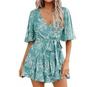 Eté Col V Plage Femmes Combinaison Short Taille Elastique Combinaison De Robe Plissée À Volants Avec Et Manches Cloche Pour Femme Blouse Jetable Ete Jumpsuit Col V Manche Courte Taille Haute Casual