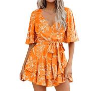 Eté Col V Plage Femmes Combinaison Short Taille Elastique Combinaison De Robe Plissée À Volants Avec Et Manches Cloche Pour Femme Blouse Jetable Ete Jumpsuit Col V Manche Courte Taille Haute Casual