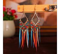 Été Coloré Riz Perles Gland Plume Boucle d'oreille Hippie Bijoux Femmes Bohème Cour Style Longues Boucles d'oreilles Pendantes