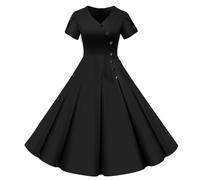 Été Commerce Extérieur Explosion Femme Col V Manches Courtes Couleur Unie Rétro Double Boutonnage Bouton Grande Robe Swing, Noir , L