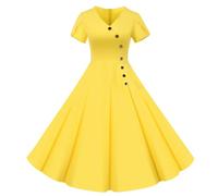 Été Commerce Extérieur Explosion Femme Col V Manches Courtes Couleur Unie Rétro Double Boutonnage Bouton Grande Robe Swing, jaune, L