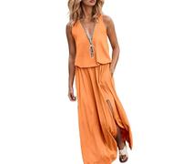 été Femmes Licou Wrap Maxi Longue Robe Florale découpée smockée ajustée Taille Plage Vacances Robes Maxi Longueur White Dress for Women Bikini Cover Up Tunique Cardigan Tendance (Orange,5XL)