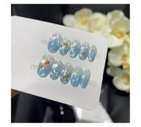 Été Glacier Bleu Sous-marin Koi Ondulation De L'eau Dégradé Amande Presse À La Main Sur Les Ongles Paillettes Oeil De Chat Faux Ongles Kit Manucure(Short-M)