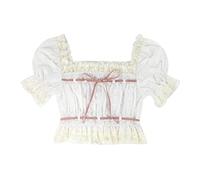 Été Japonais Lolita Kawaii Blouse Femmes Dentelle Rose France Doux Mignon Blouse Femme Manches Bouffantes Style coréen Haut Court 2022 Nouveau