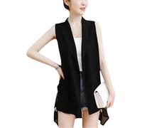 Été Long Gilet sans Manches Mousseline De Soie Manteau Costume Veste Dames Noir Blanc Gilet Décontracté Hauts, Black, S